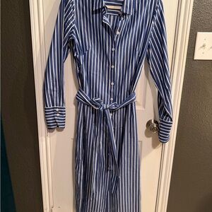J. Crew Navy and White Vertical Stripe Shirt Dress with Tie